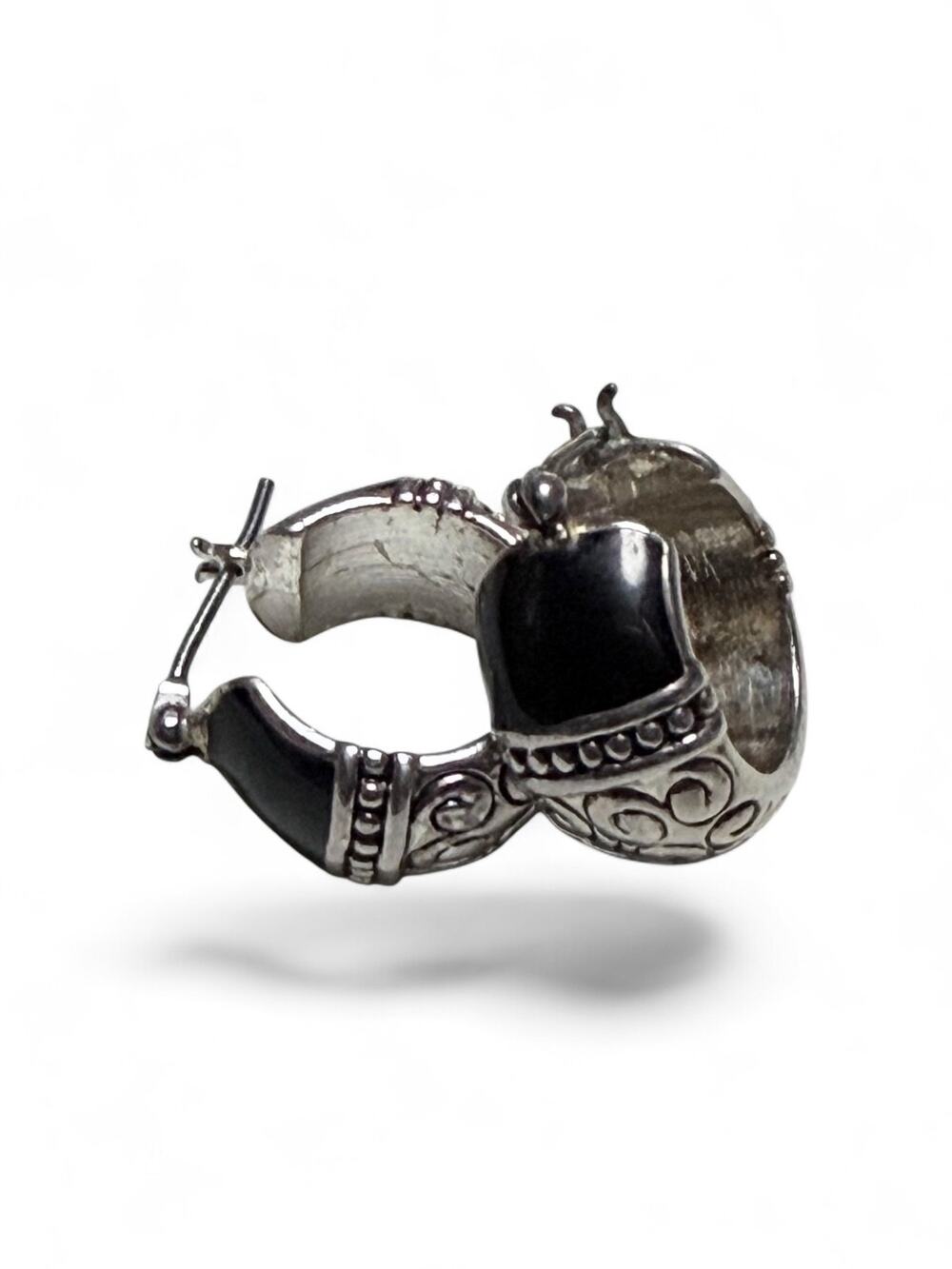 Vintage Napier Black Enamel Silver Tone Hoop Earrings Scroll Design